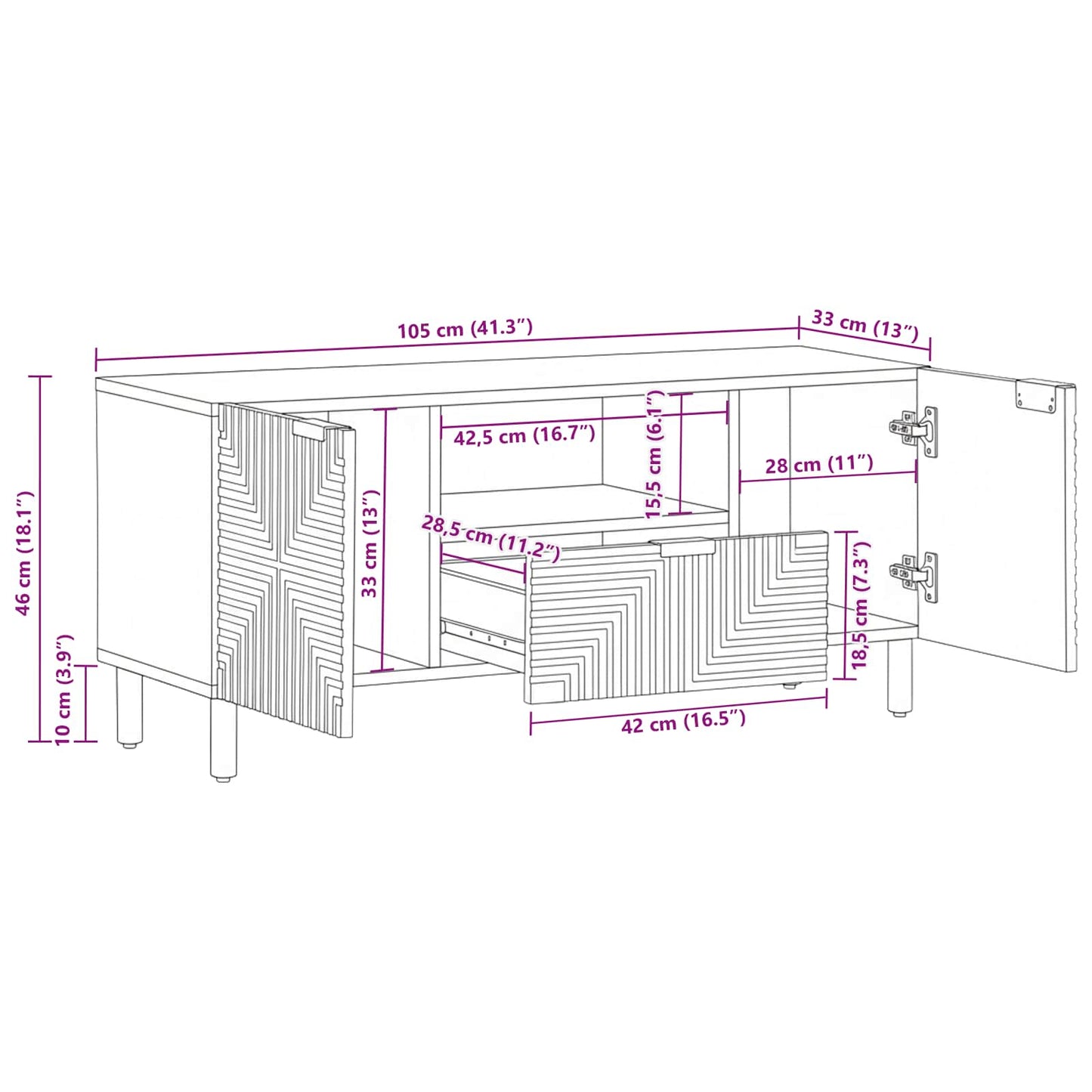 TV szekrény fiókkal Barna 105 x 33 x 46 cm Tömör Mangófát