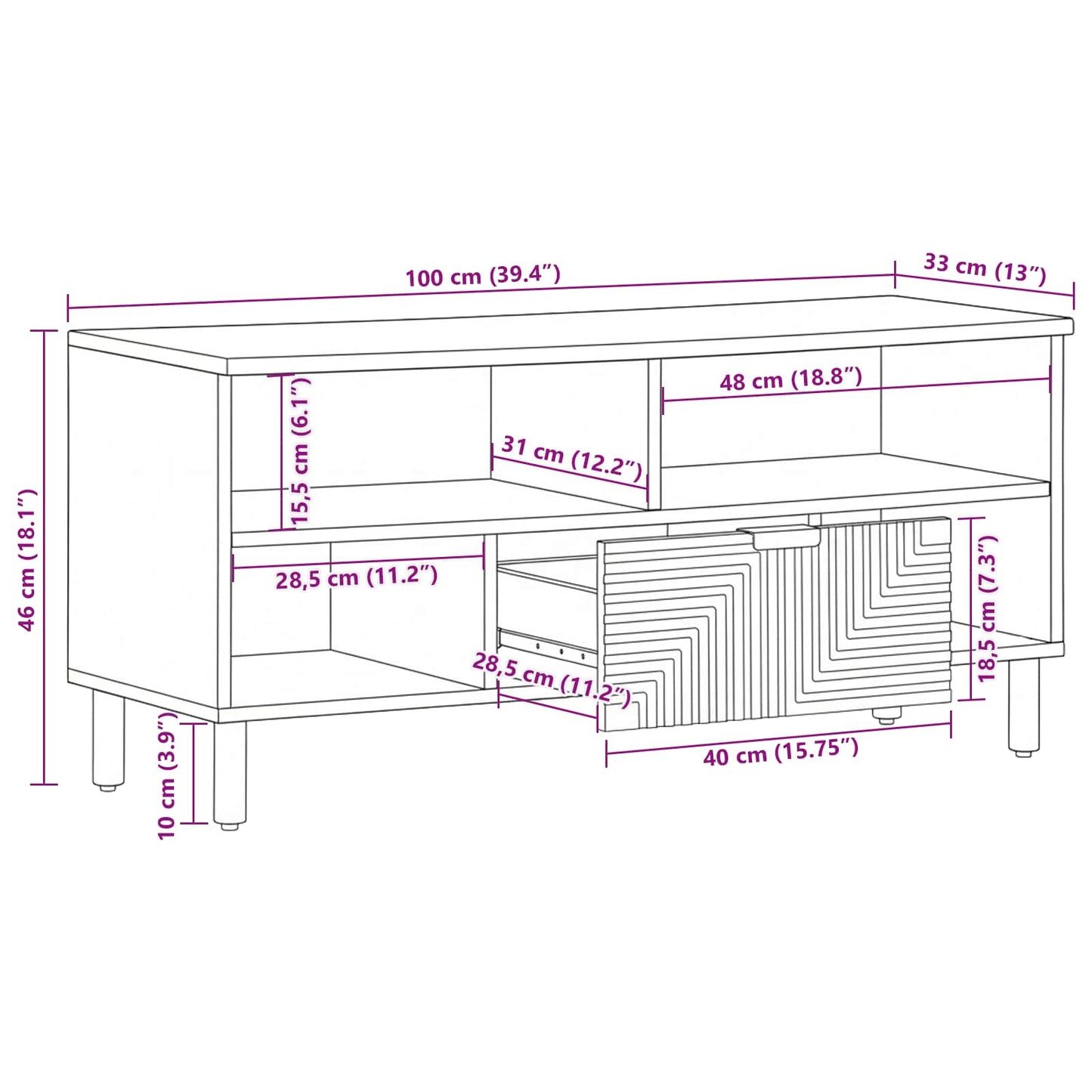 TV szekrény fiókkal Barna 100 x 33 x 46 cm Tömör Mangófát