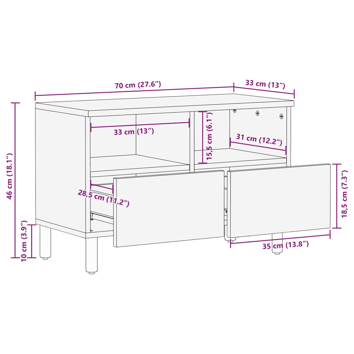 TV szekrény Fehér mosott felület 70 x 33 x 46 cm Tömör Mangófát