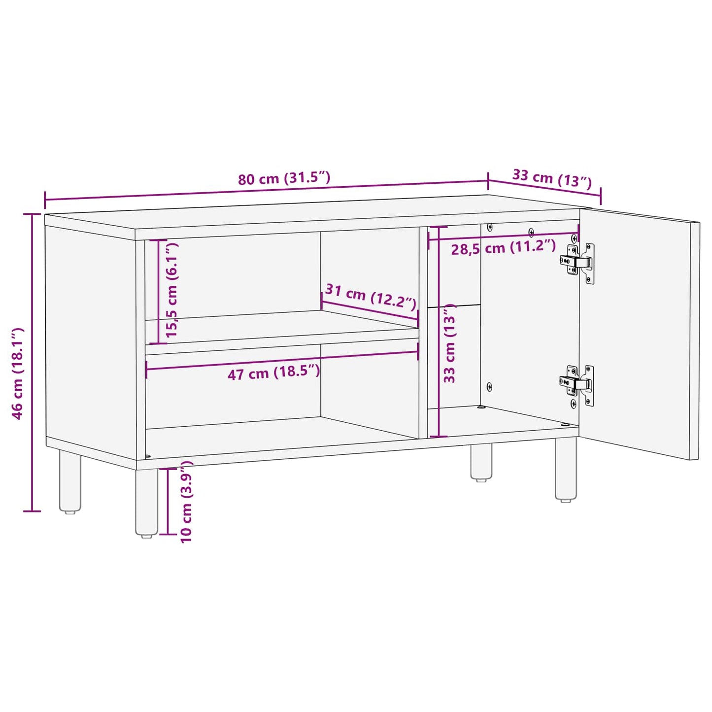 TV szekrény Akácbarna felület 80 x 33 x 46 cm Tömör Mangófát
