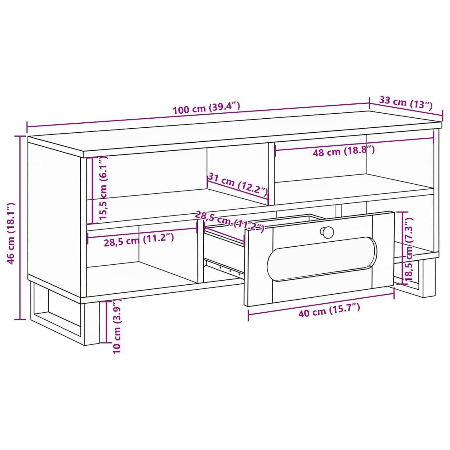 TV szekrény fiókkal Barna 100 x 33 x 46 cm Tömör Mangófát