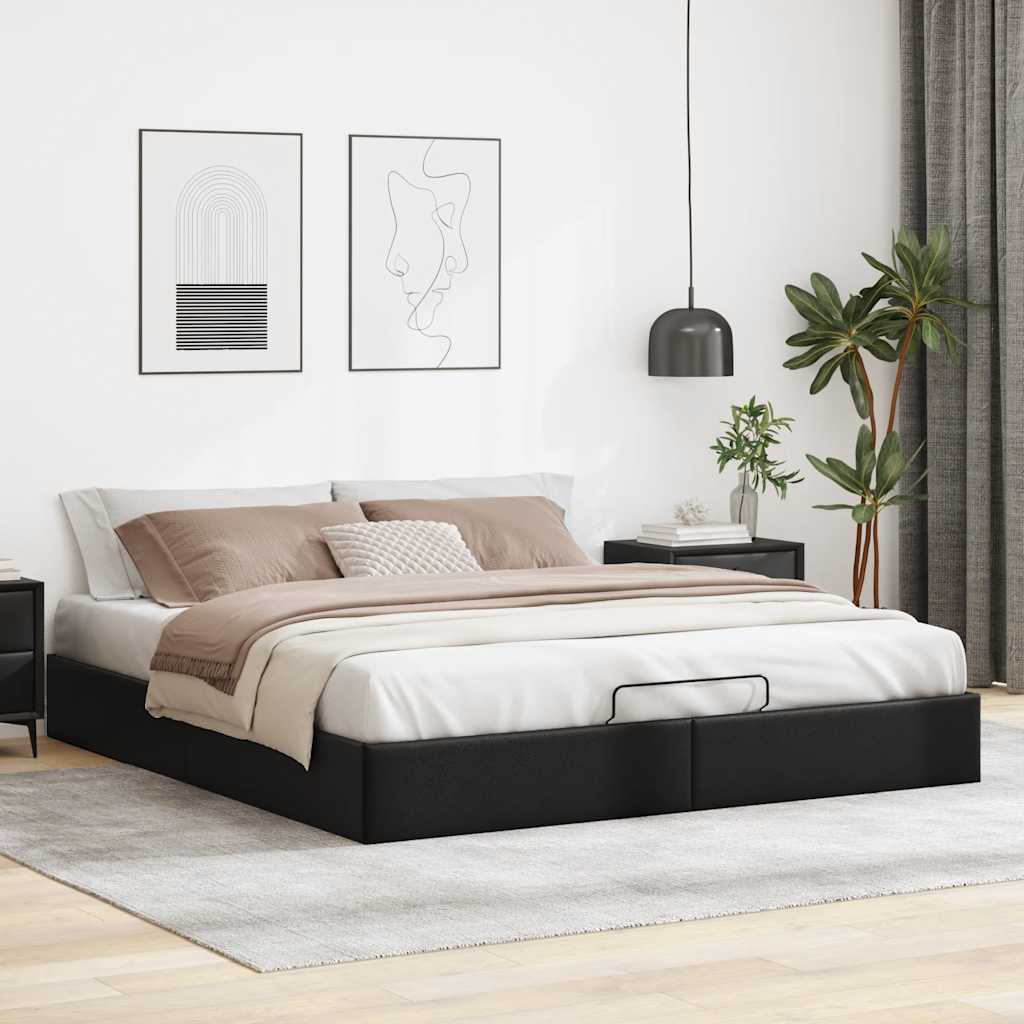 Ottomán ágykeret matrac nélkül fekete 200x200 cm műbőr