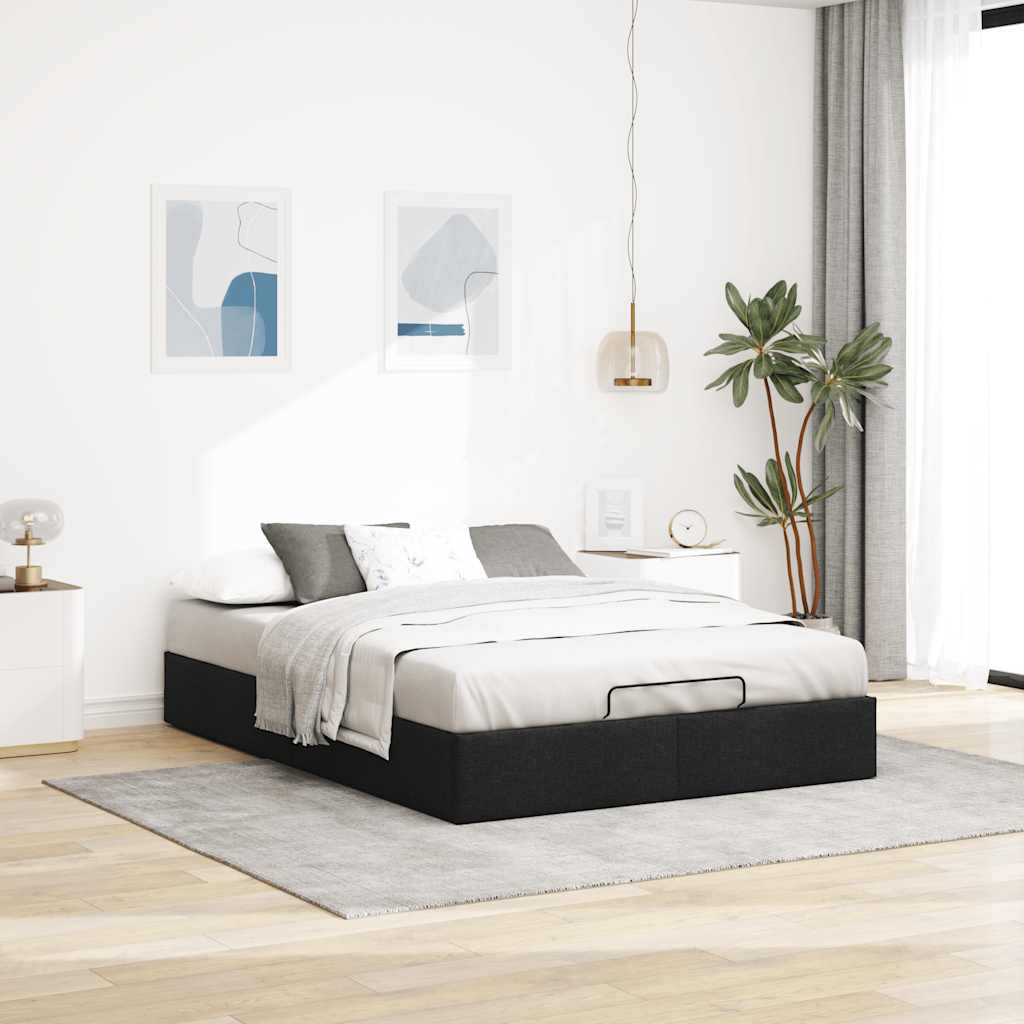 Ottomán fekete szövet ágykeret matrac nélkül 140 x 190 cm
