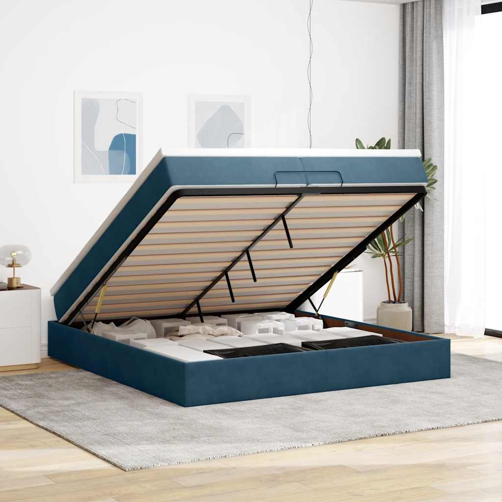 Ottomán ágykeret matracokkal Sötétkék 200x200cm bársony