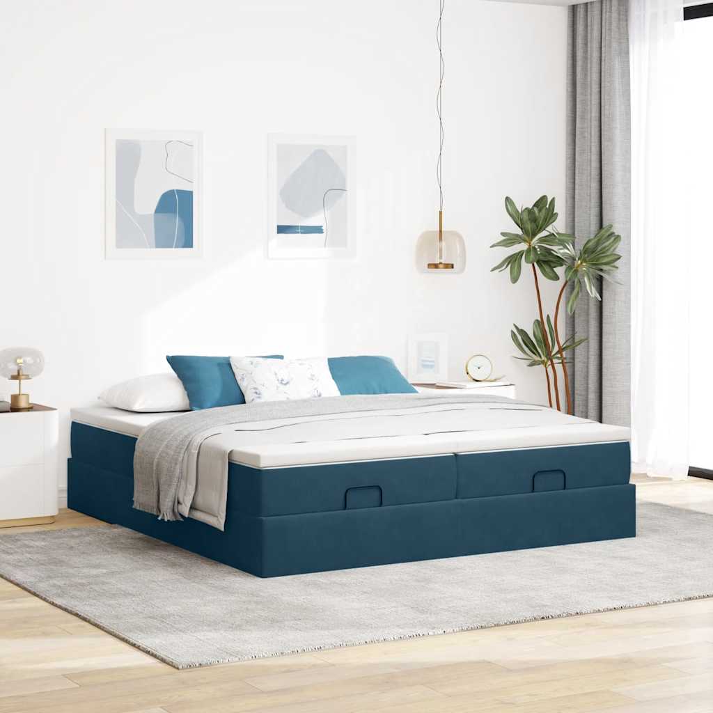 Ottomán ágykeret matracokkal Sötétkék 200x200cm bársony