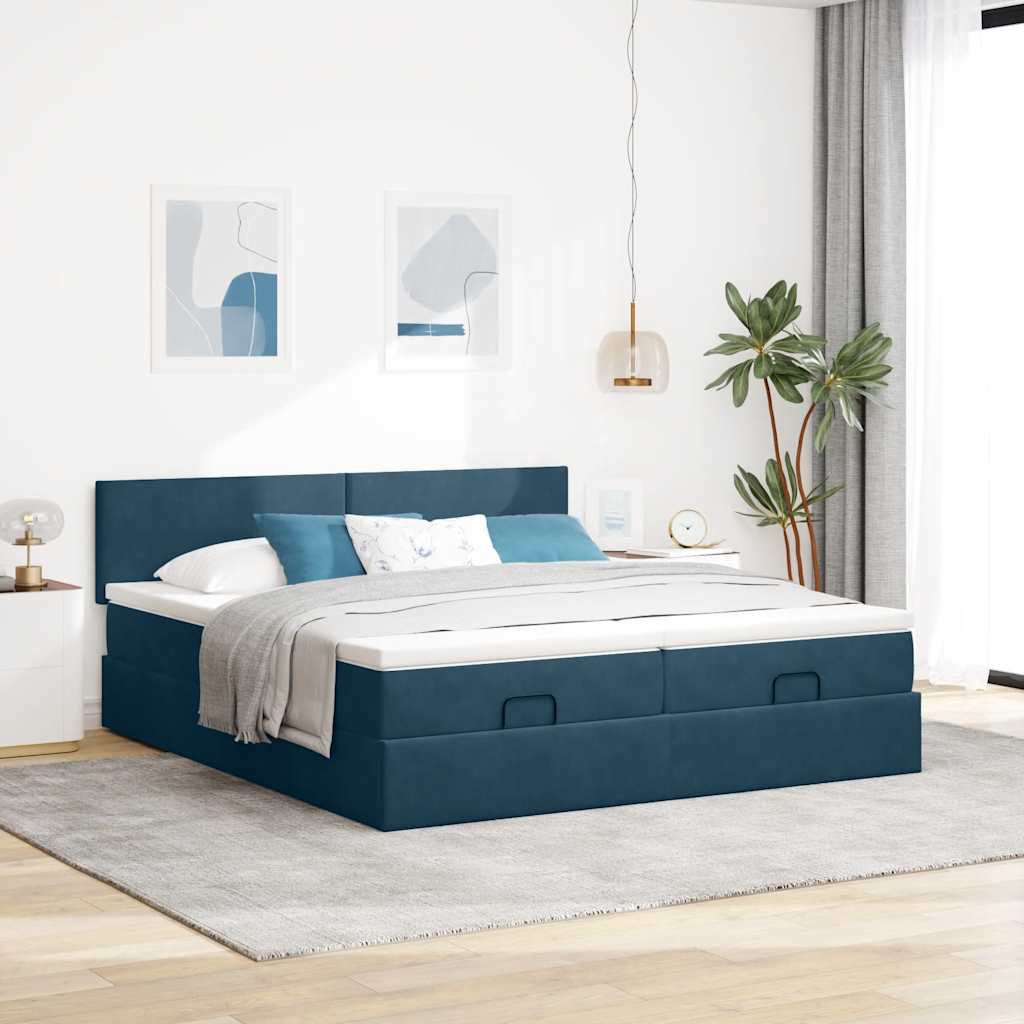 Ottomán ágykeret matracokkal Sötétkék 200x200cm bársony