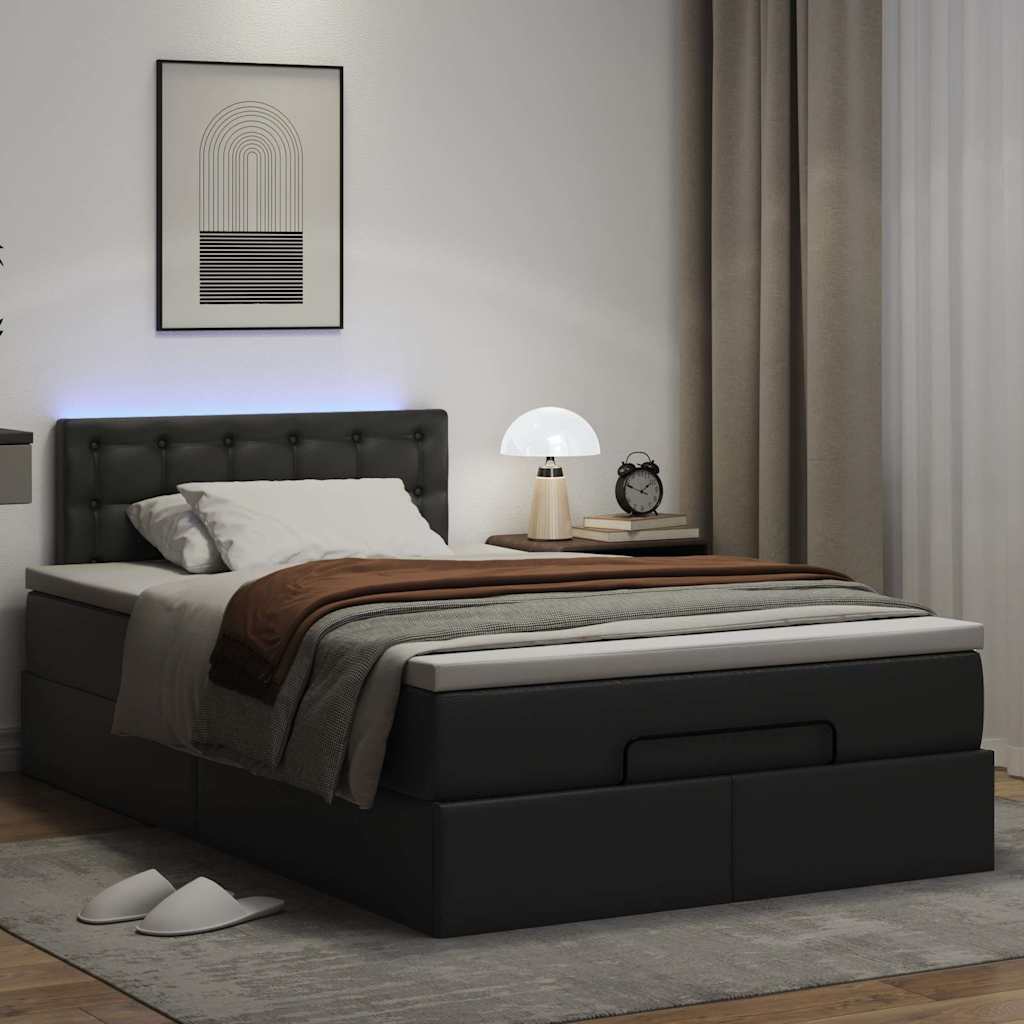 fekete műbőr ottomán ágy matracokkal & LED-ek 120x190 cm
