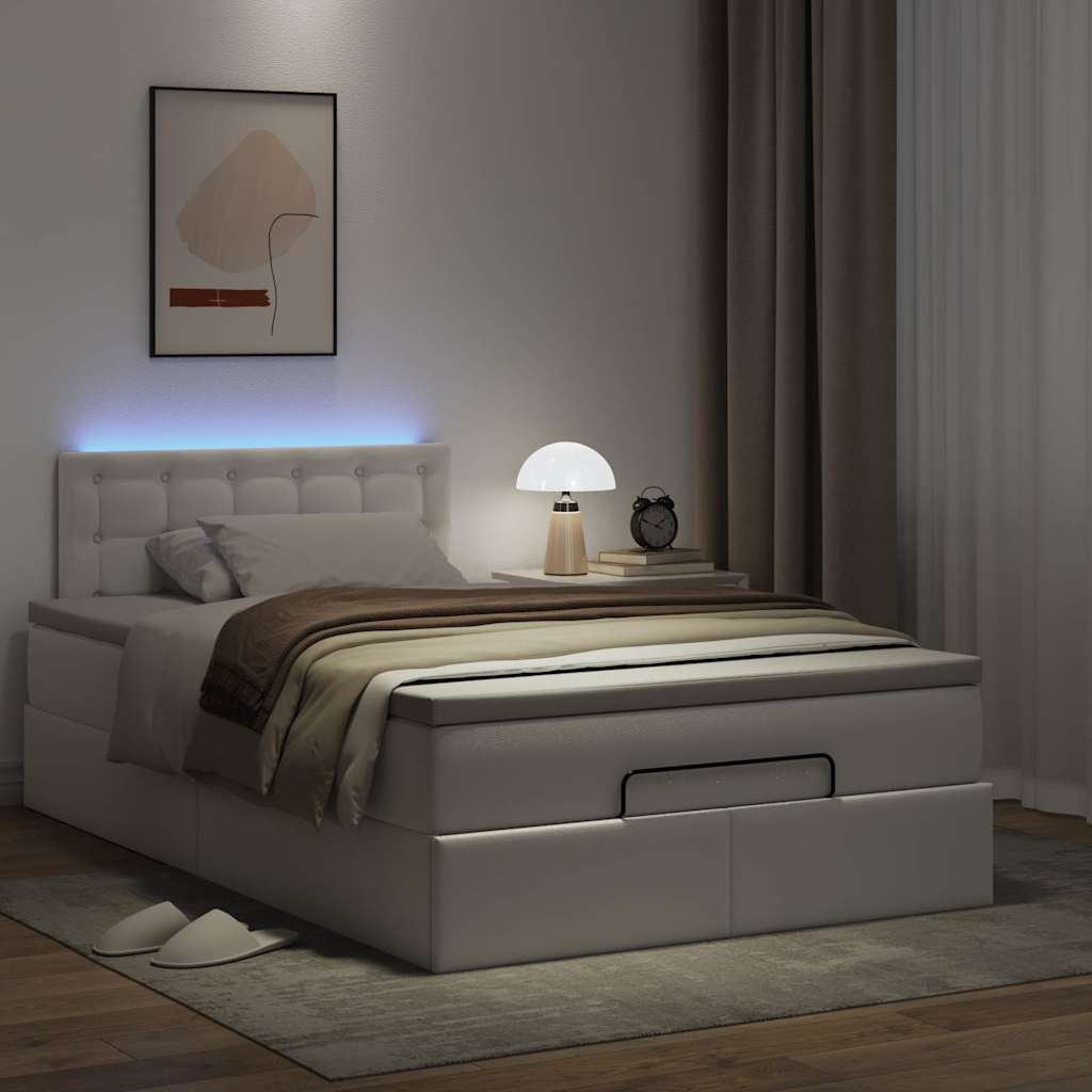 tiszta fehér műbőr ottomán ágy matracokkal & LED-ek 120x190 cm