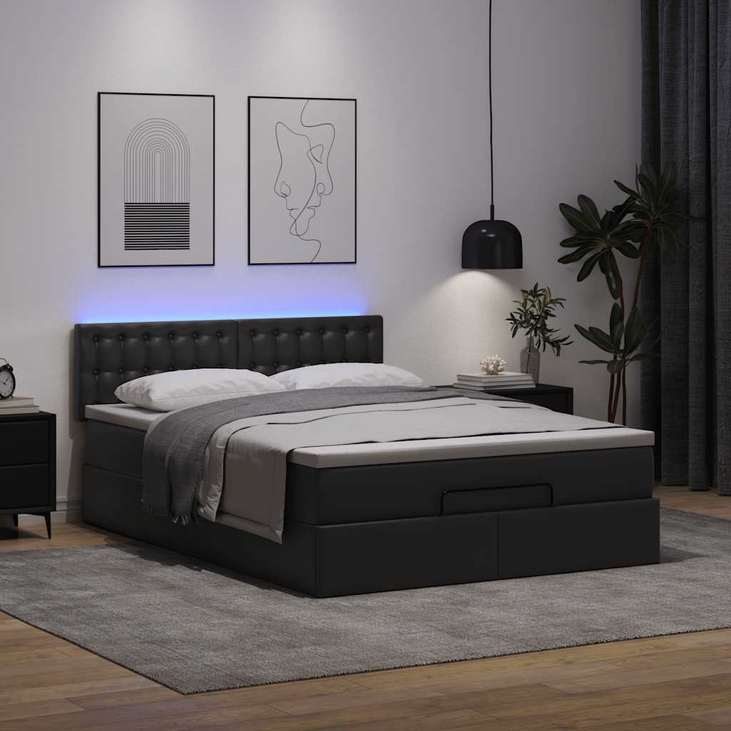 fekete műbőr ottomán ágy matracokkal & LED-ek 140x190cm