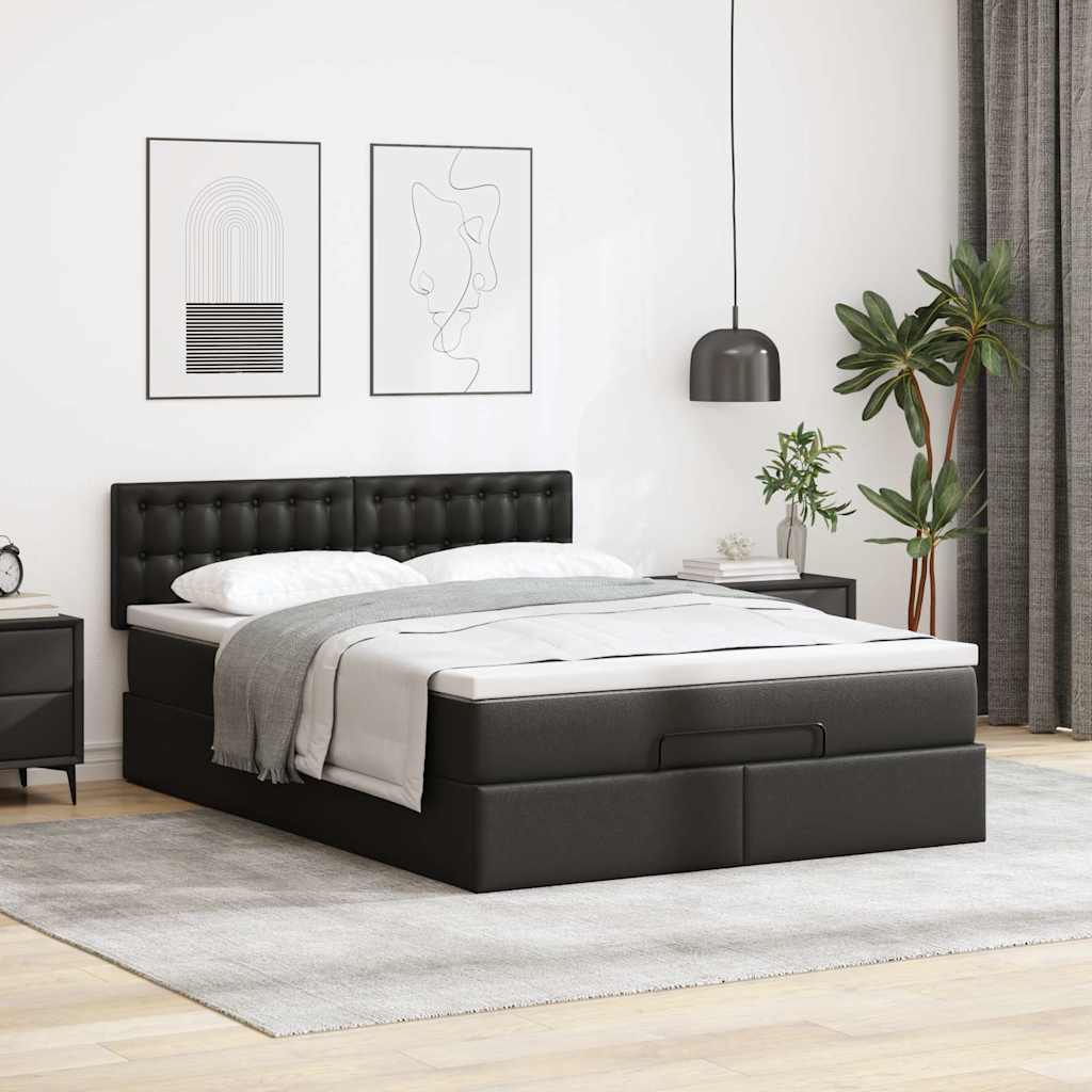 fekete műbőr ottomán ágy matracokkal & LED-ek 140x190cm