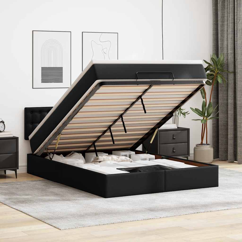 fekete műbőr ottomán ágy matracokkal & LED-ek 140x190cm