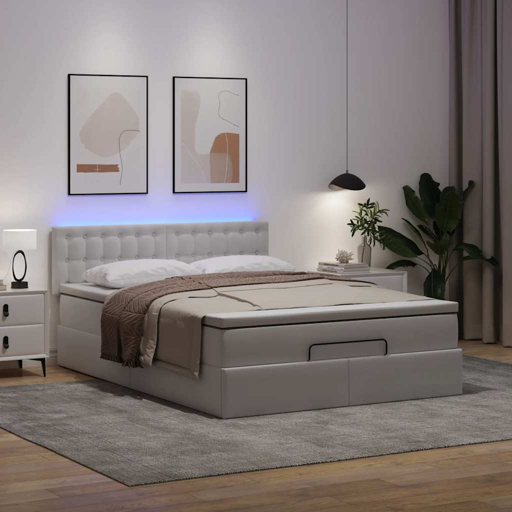 tiszta fehér műbőr ottomán ágy matracokkal & LED-ek 140x190cm
