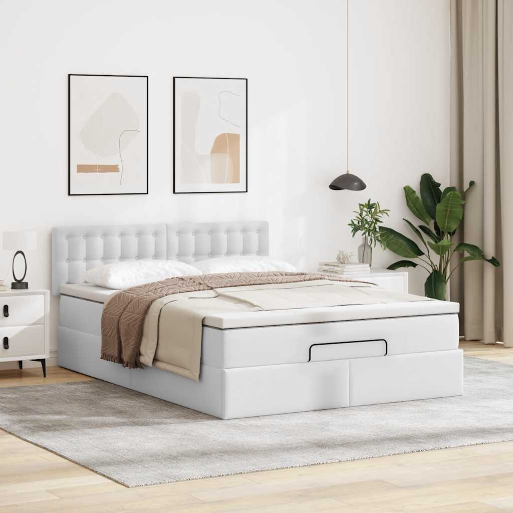 tiszta fehér műbőr ottomán ágy matracokkal & LED-ek 140x190cm