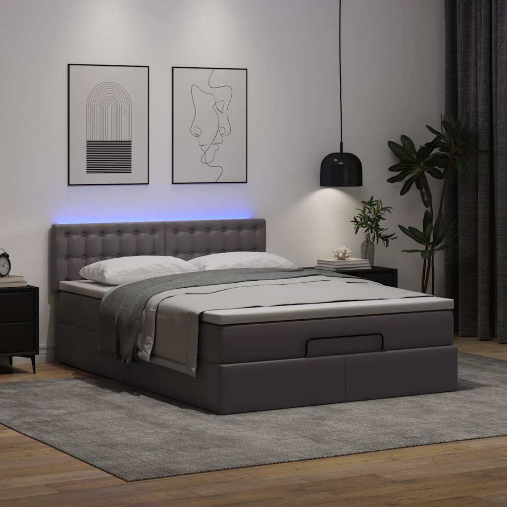 szürke műbőr ottomán ágy matracokkal & LED-ek 140x190cm