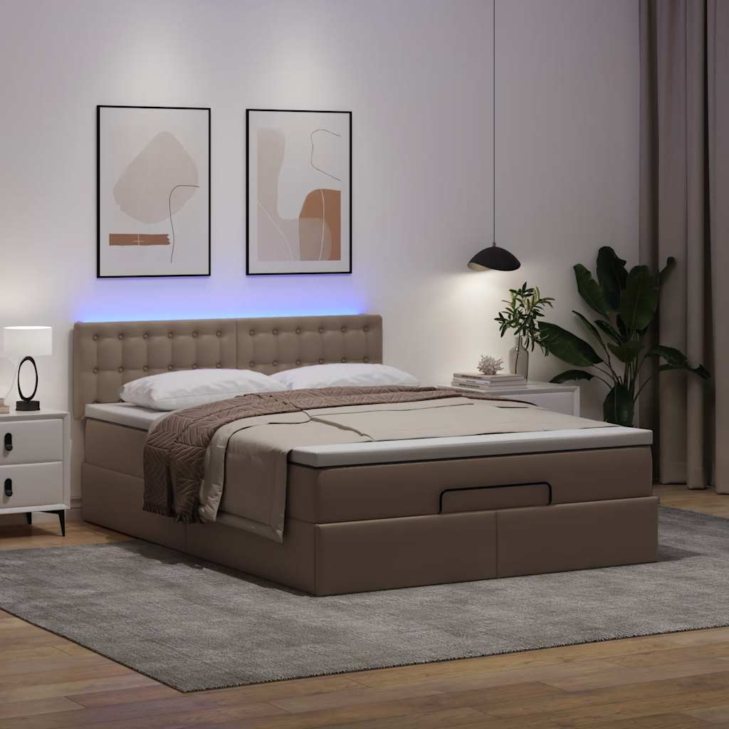 cappuccino műbőr ottomán ágy matracokkal & LED-ek 140x190cm
