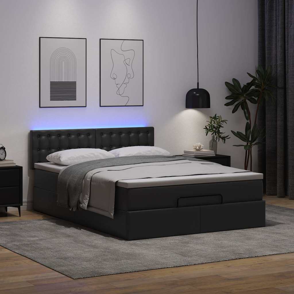 fekete műbőr ottomán ágy matracokkal & LED-ek 140x200cm
