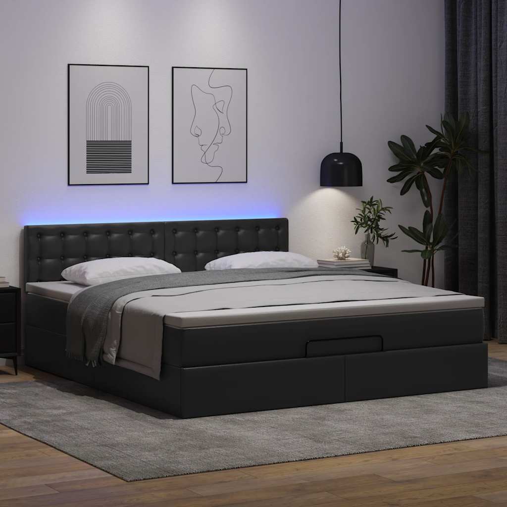 fekete műbőr ottomán ágy matracokkal & LED-ek 160x200cm