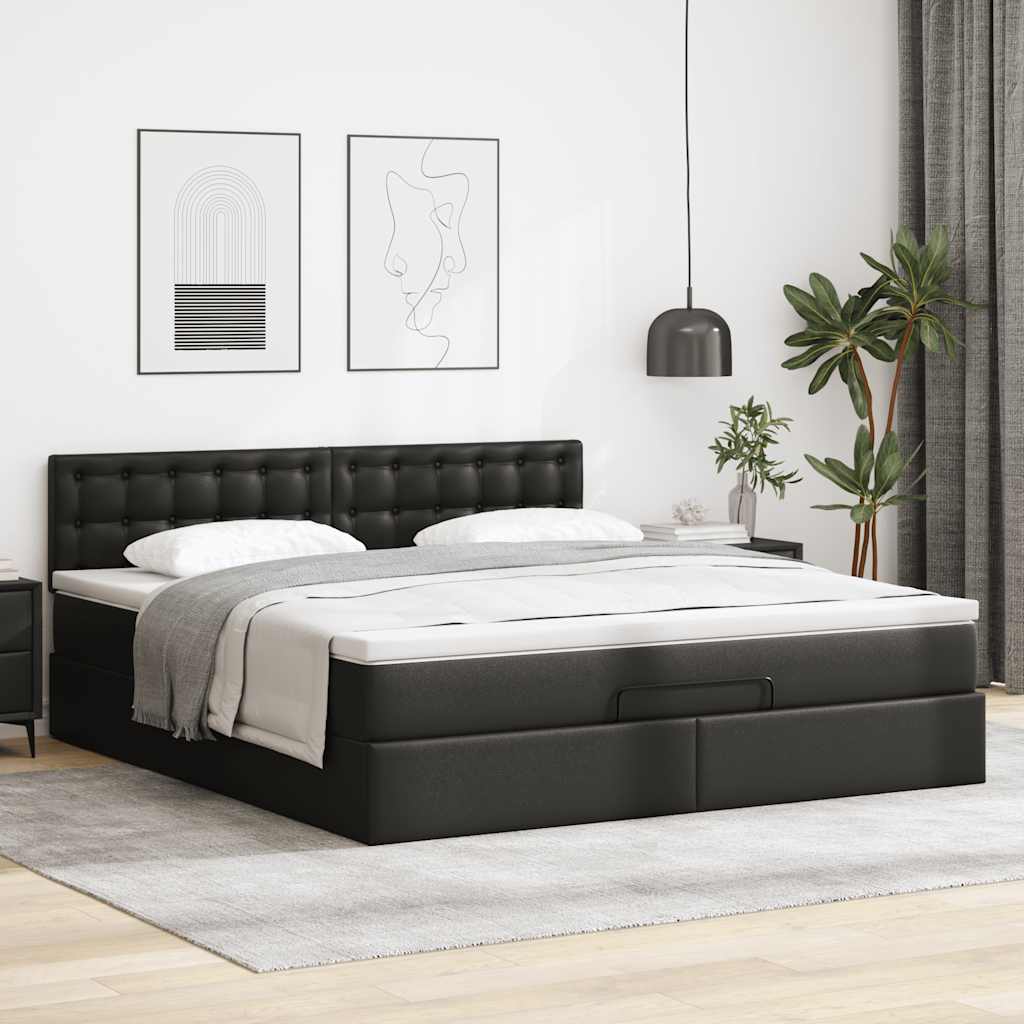 fekete műbőr ottomán ágy matracokkal & LED-ek 180x200cm