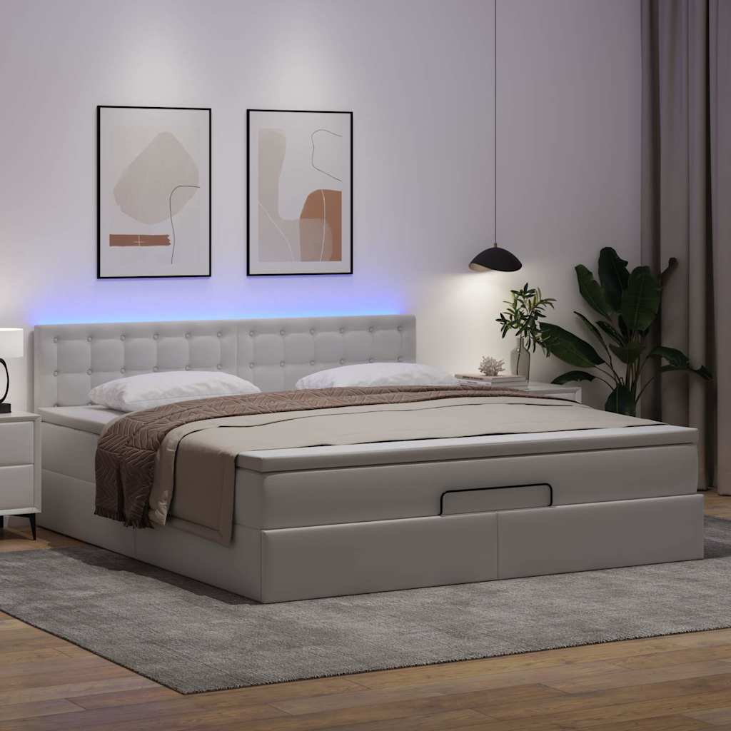 tiszta fehér műbőr ottomán ágy matracokkal & LED-ek 180x200cm