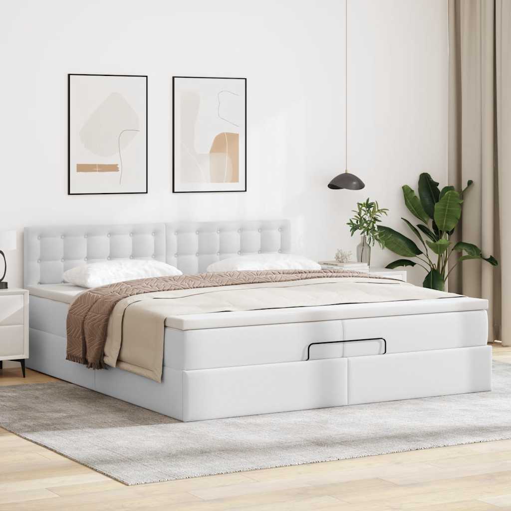 Ottomán ágykeret matraccal tiszta fehér 200x200cm műbőrrel
