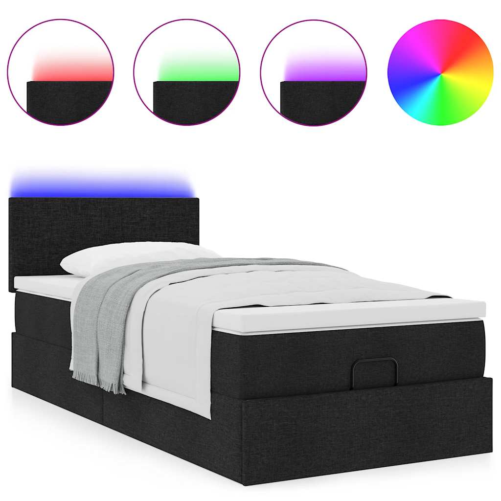 fekete szövet ottomán ágy matraccal & LED-ek 80x200cm