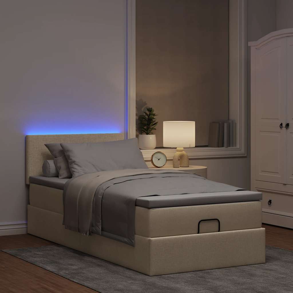 krémszínű szövet ottomán ágy matraccal & LED-ek 90x200 cm
