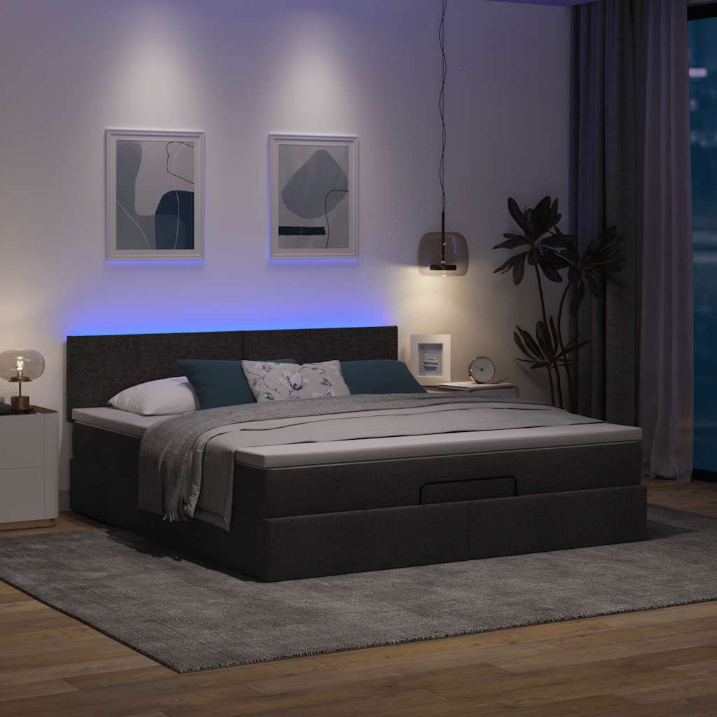 fekete szövet ottomán ágy matraccal & LED-ek 180x200cm