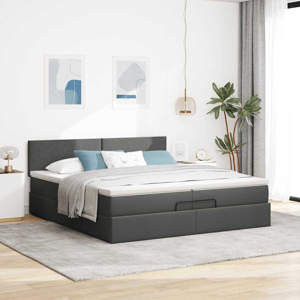 Ottomán ágykeret matracokkal Sötét szürke 200x200cm szövet
