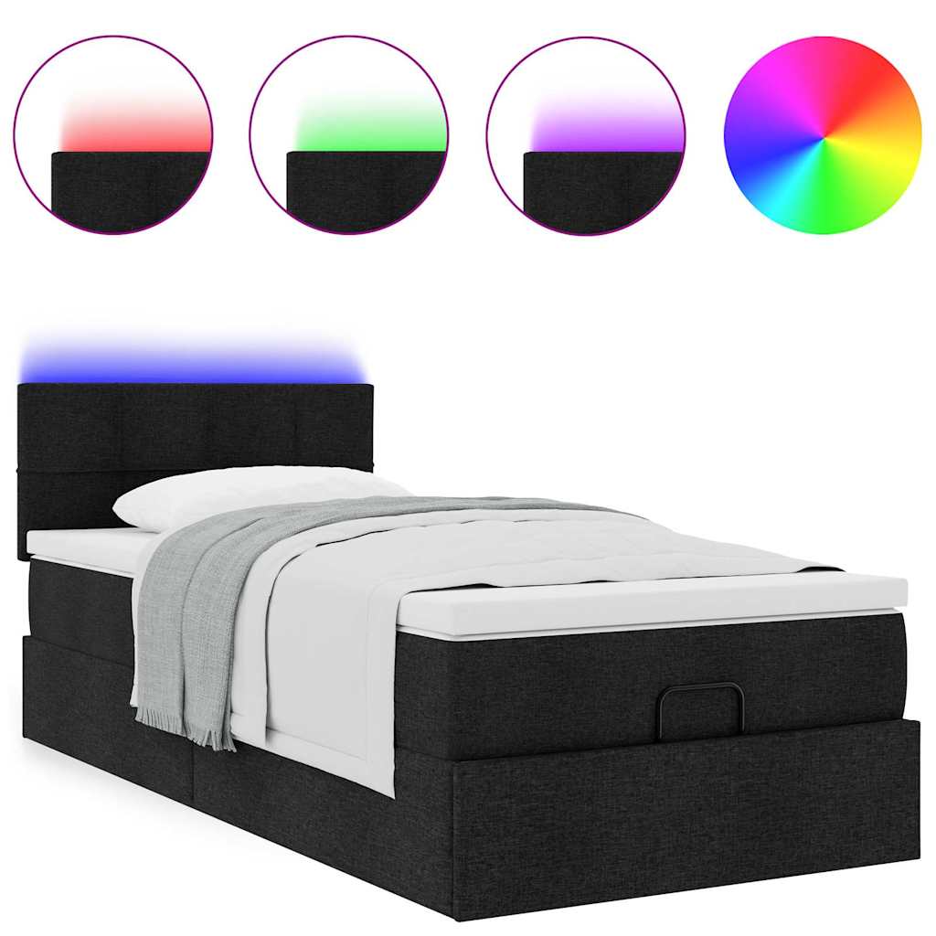 fekete szövet ottomán ágy matraccal & LED-ek 80x200cm