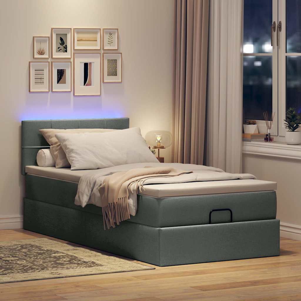 sötétszürke szövet ottomán ágy matraccal & LED-ek 90x200 cm