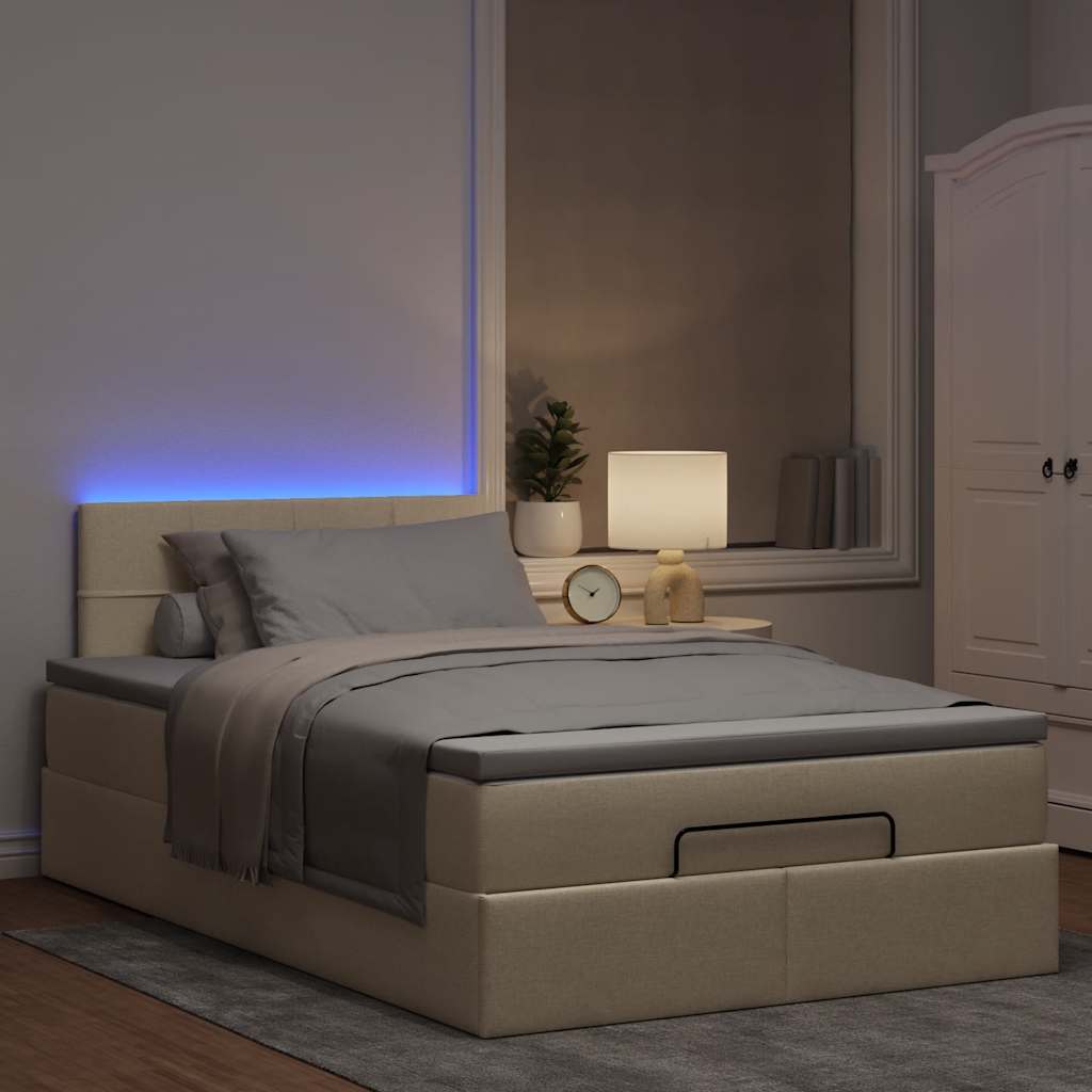 krémszínű szövet ottomán ágy matraccal & LED-ek 120x190cm