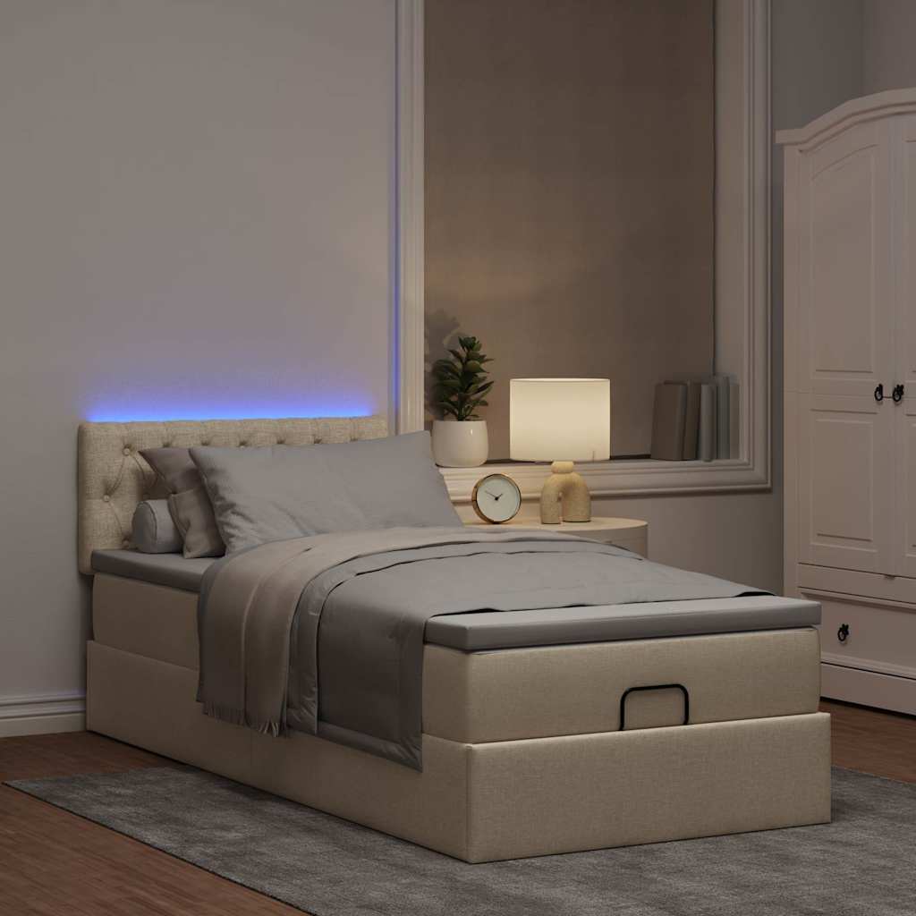 krémszínű szövet ottomán ágy matraccal & LED-ek 90x200 cm