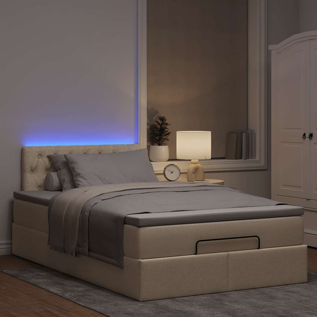 krémszínű szövet ottomán ágy matraccal & LED-ek 120x190cm