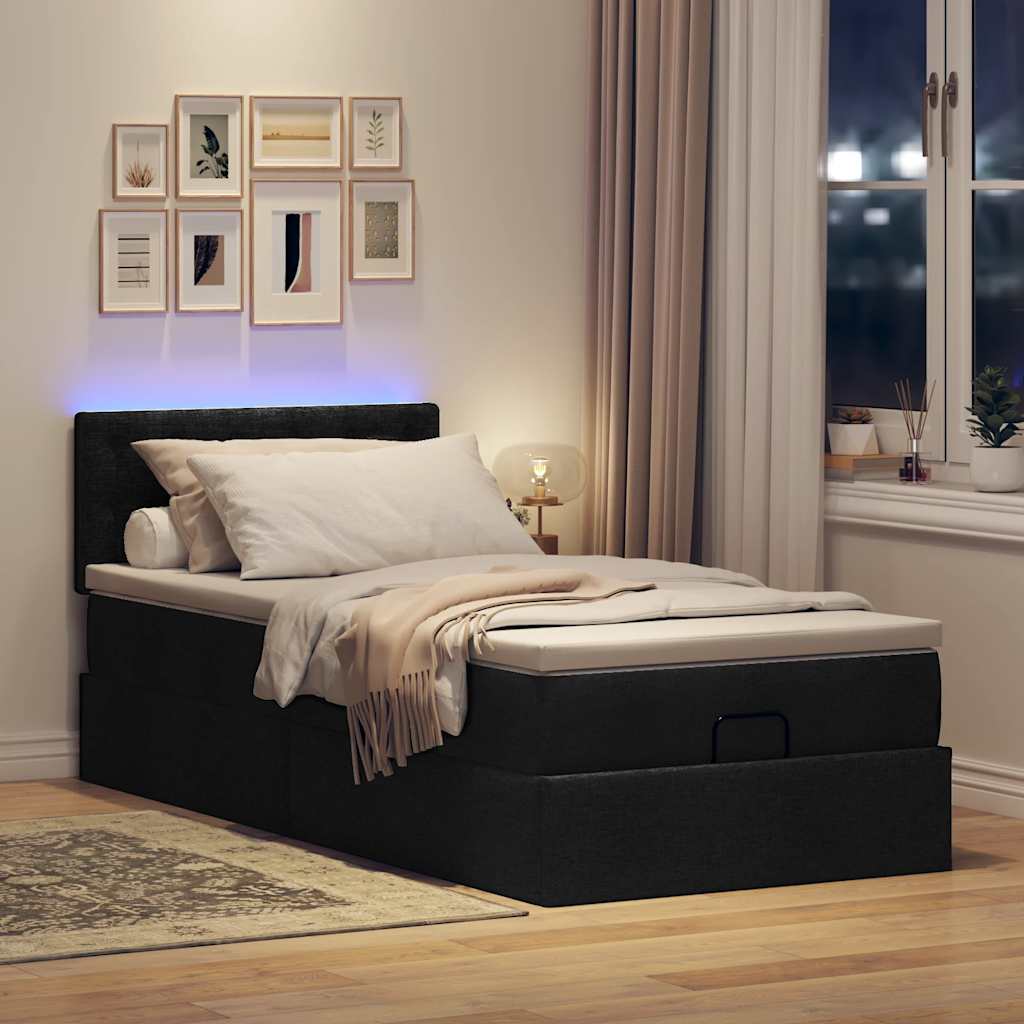 fekete szövet ottomán ágy matraccal & LED-ek 80x200cm