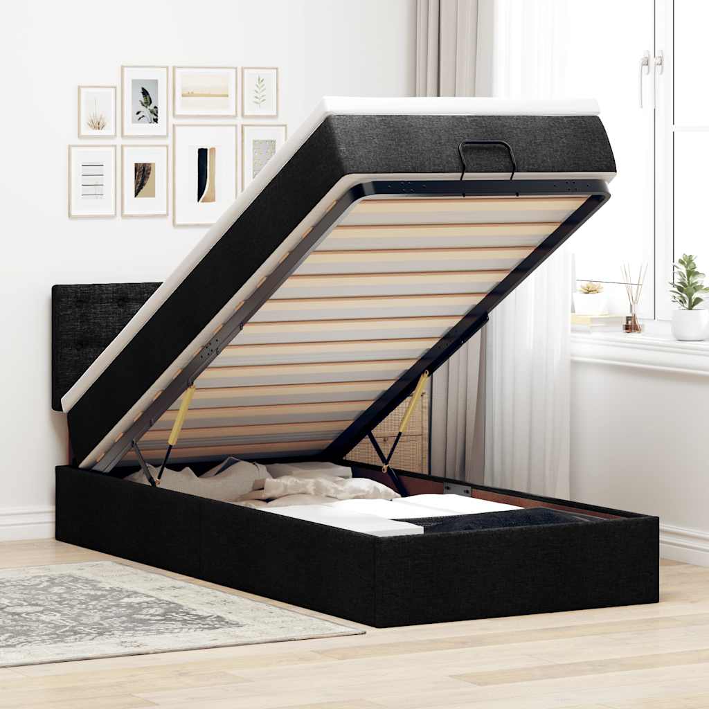 fekete szövet ottomán ágy matraccal & LED-ek 80x200cm