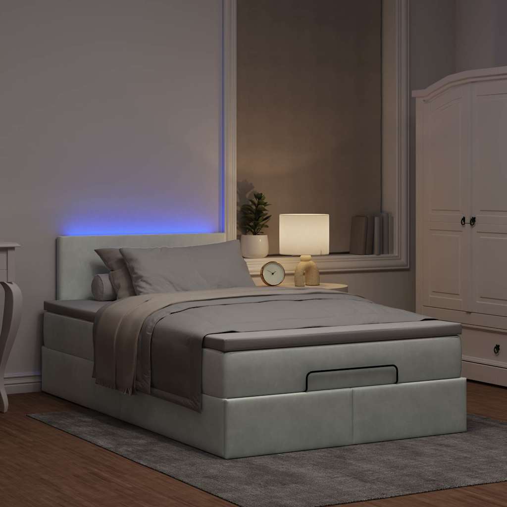 világosszürke bársony ottomán ágy matraccal & LED-ek 120x190cm