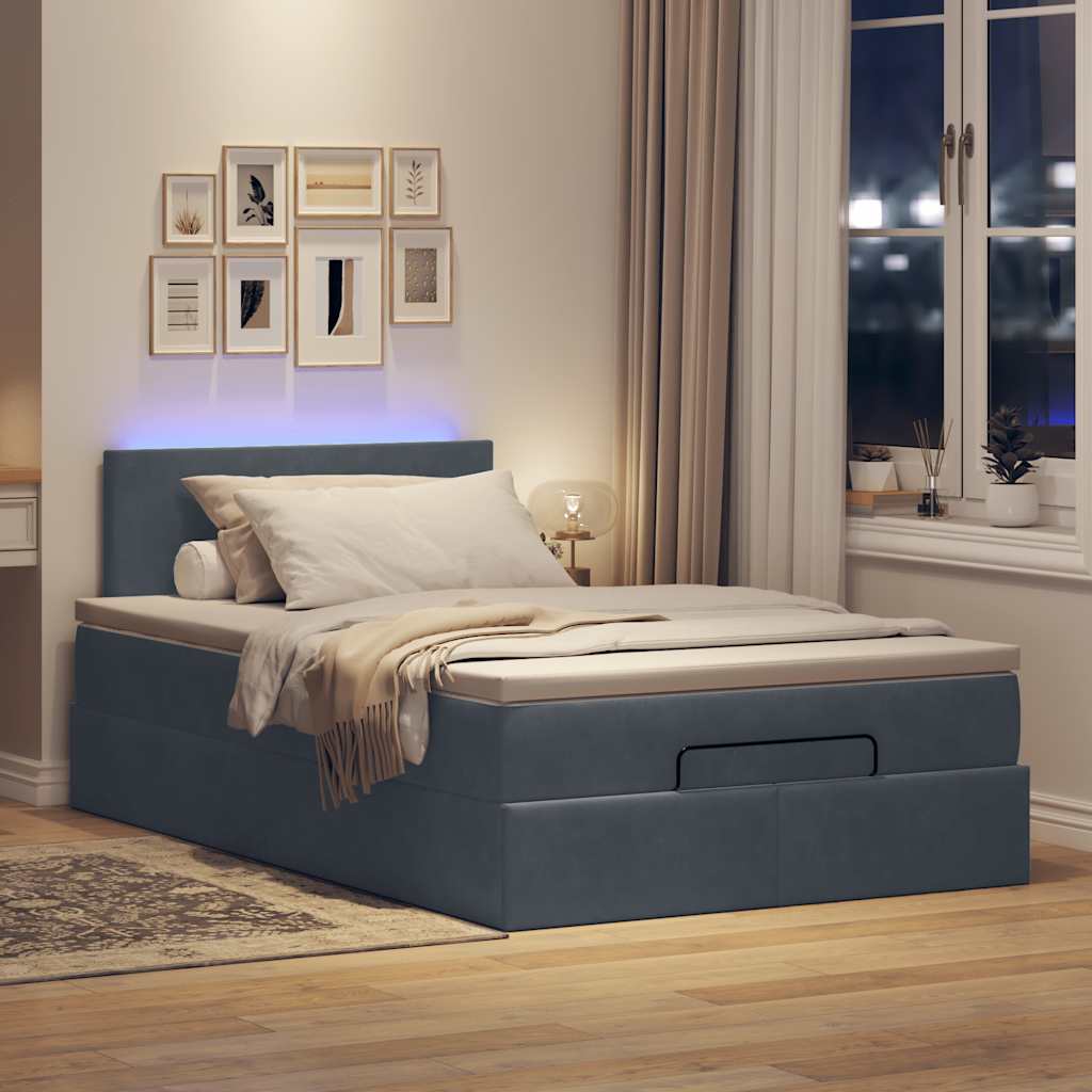 sötétszürke bársony ottomán ágy matraccal & LED-ek 120x190cm