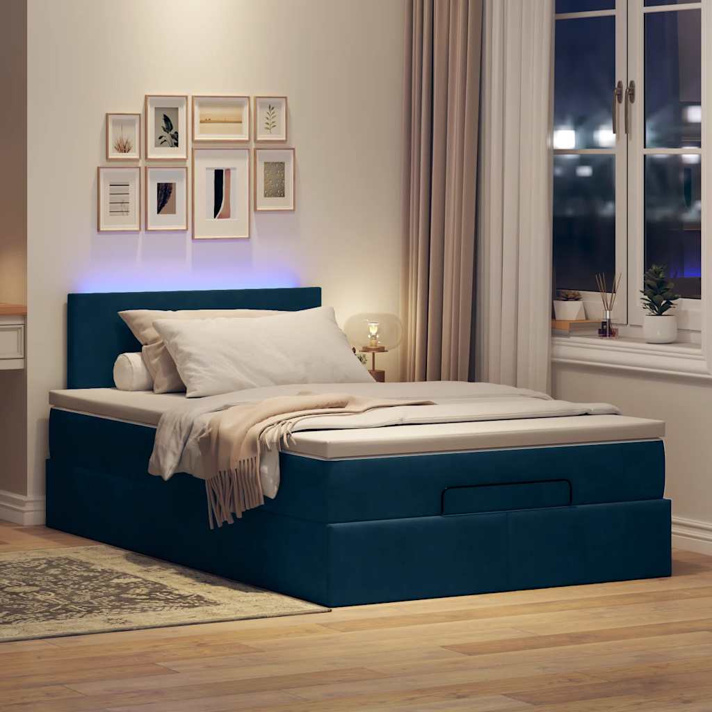sötétkék bársony ottomán ágy matraccal & LED-ek 120x190cm