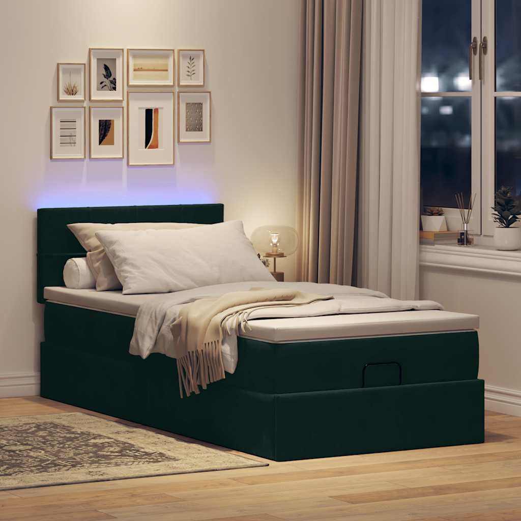 sötétzöld bársony ottomán ágy matraccal & LED-ek 80 x 200 cm