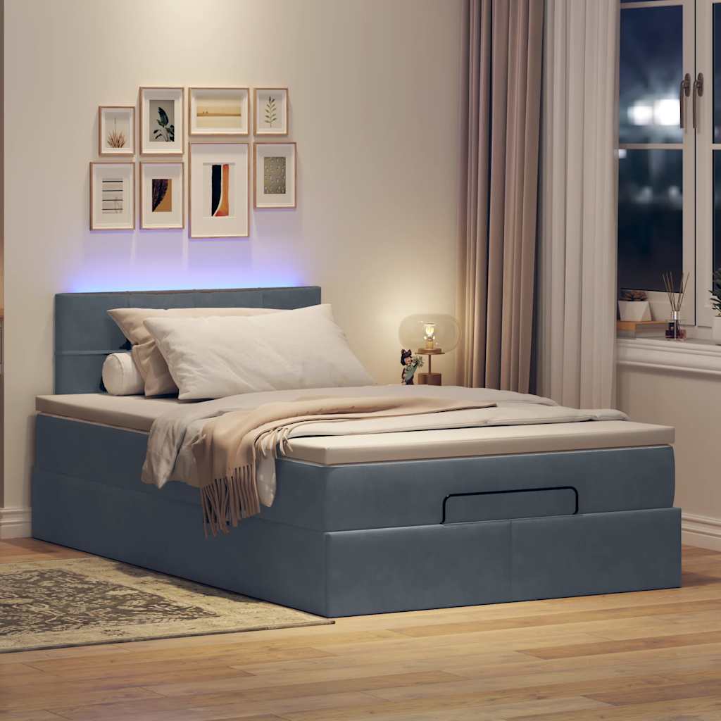 sötétszürke bársony ottomán ágy matraccal & LED-ek 120x190cm