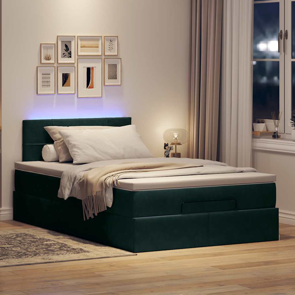 sötétzöld bársony ottomán ágy matraccal & LED-ek 120x190cm