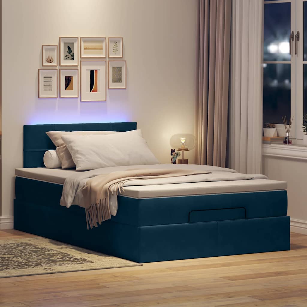 sötétkék bársony ottomán ágy matraccal & LED-ek 120x190cm