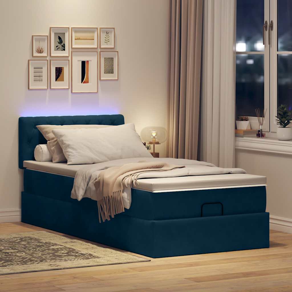 sötétkék bársony ottomán ágy matraccal & LED-ek 80 x 200 cm
