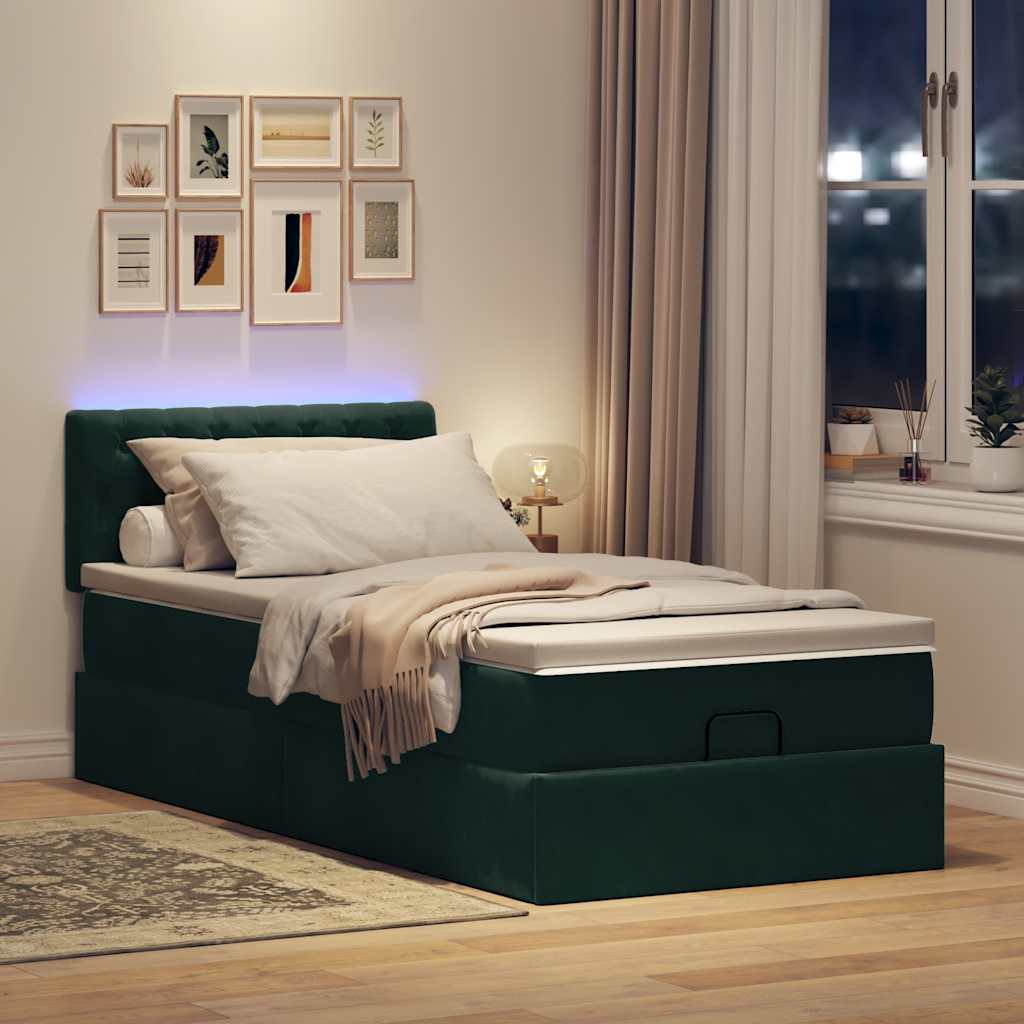 sötétzöld bársony ottomán ágy matraccal & LED-ek 90x200 cm