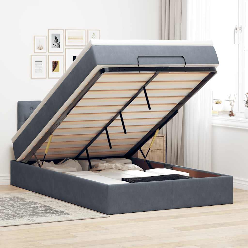 sötétszürke bársony ottomán ágy matraccal & LED-ek 120x190cm