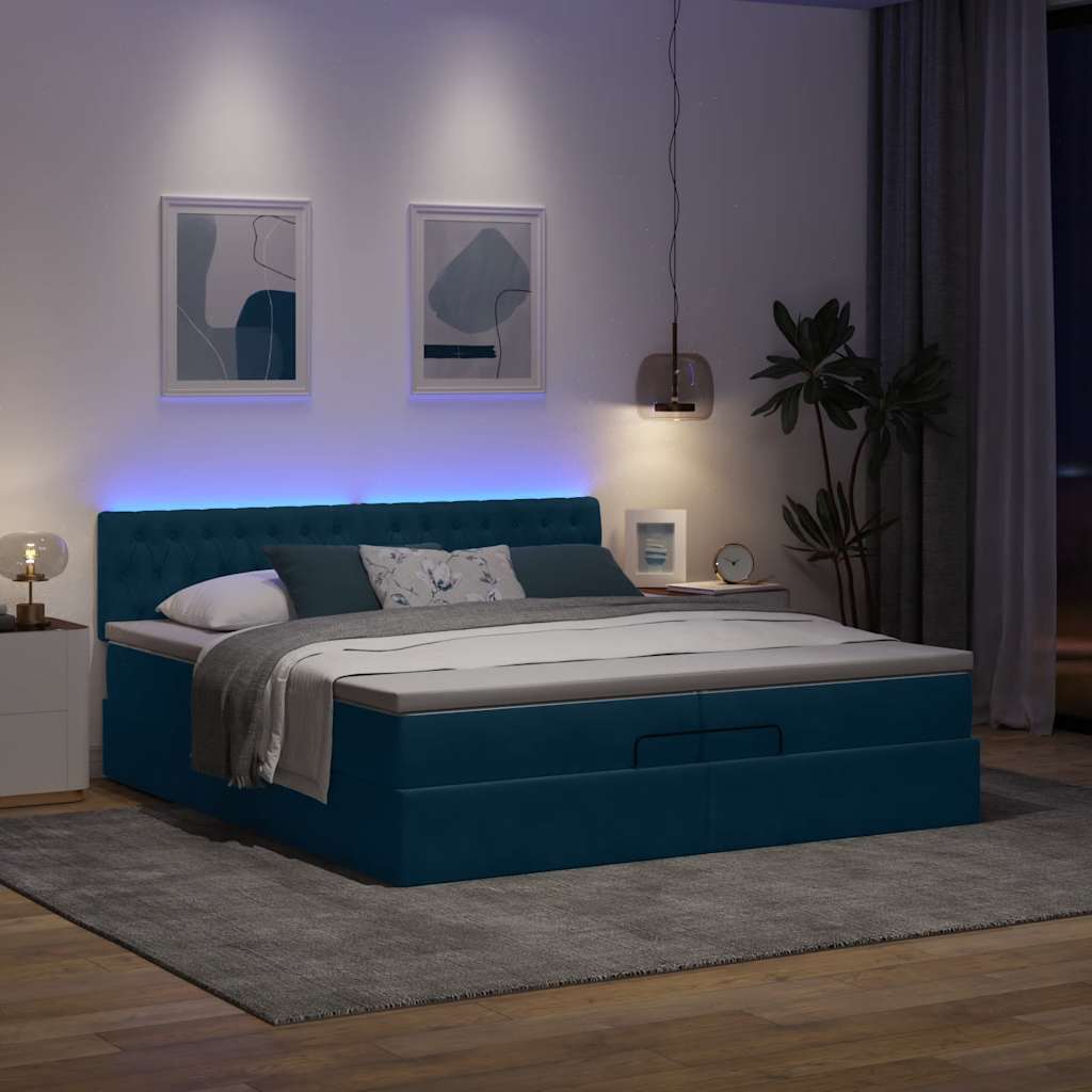 Ottomán ágy matracokkal & LED-ek Sötétkék 200x200cm bársony