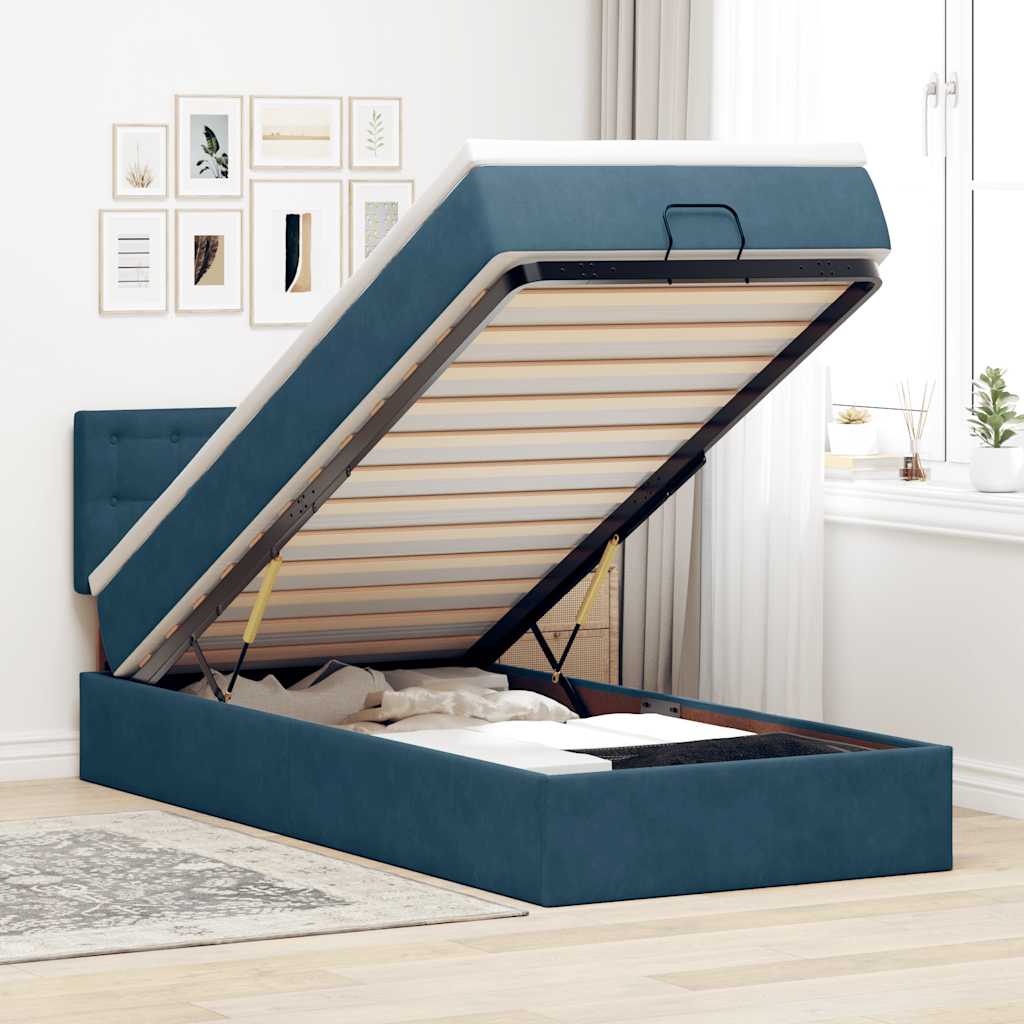 sötétkék bársony ottomán ágy matraccal & LED-ek 80 x 200 cm