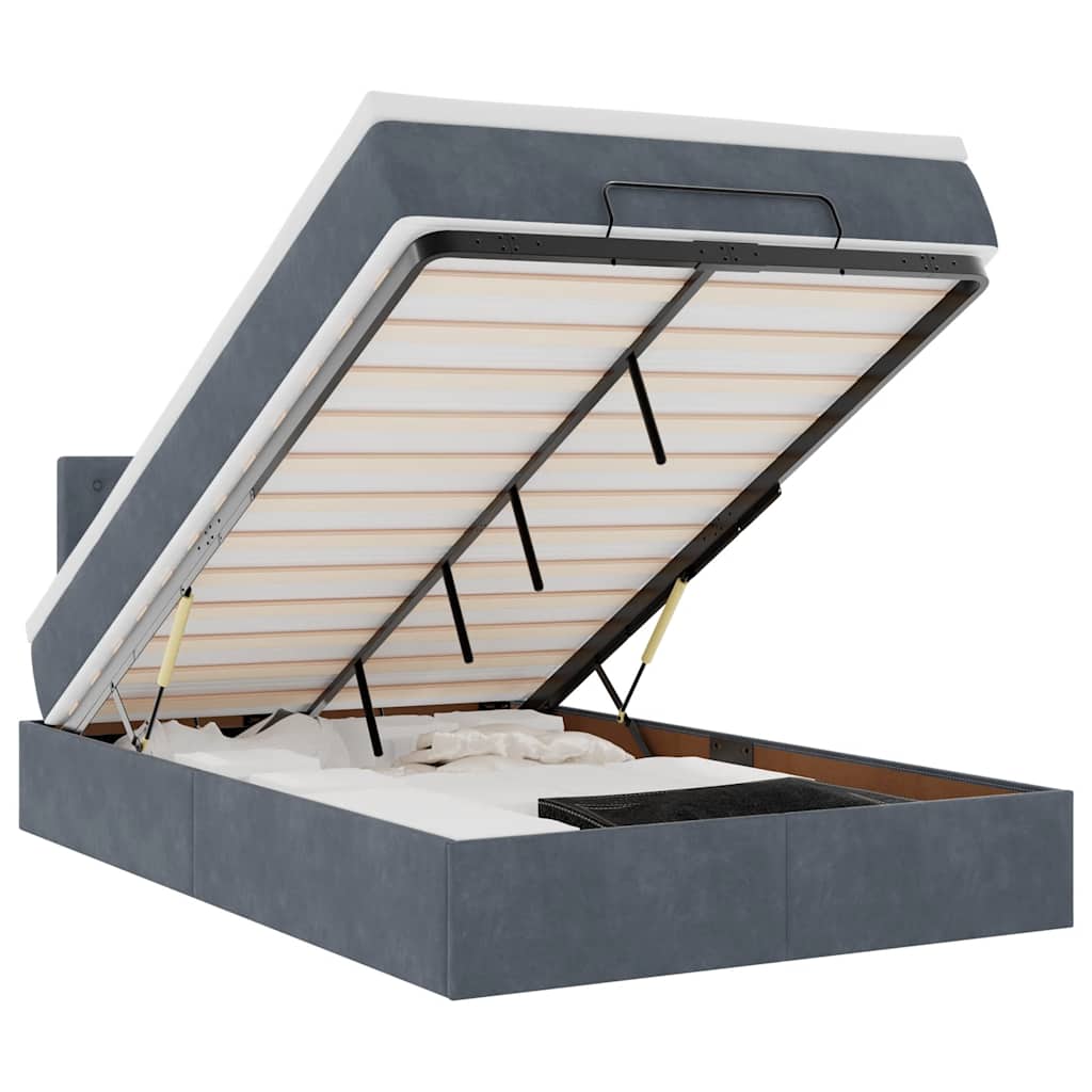 sötétszürke bársony ottomán ágy matraccal & LED-ek 120x190cm