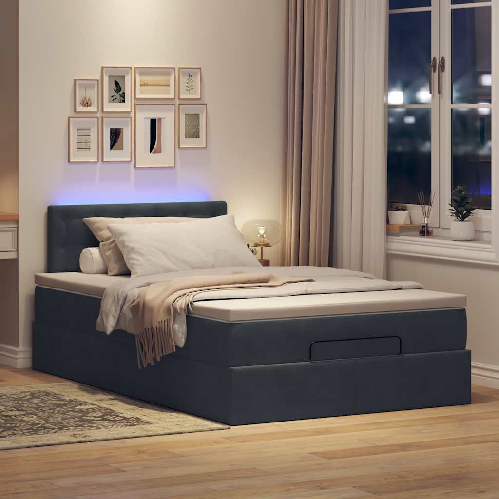 sötétszürke bársony ottomán ágy matraccal & LED-ek 120x190cm