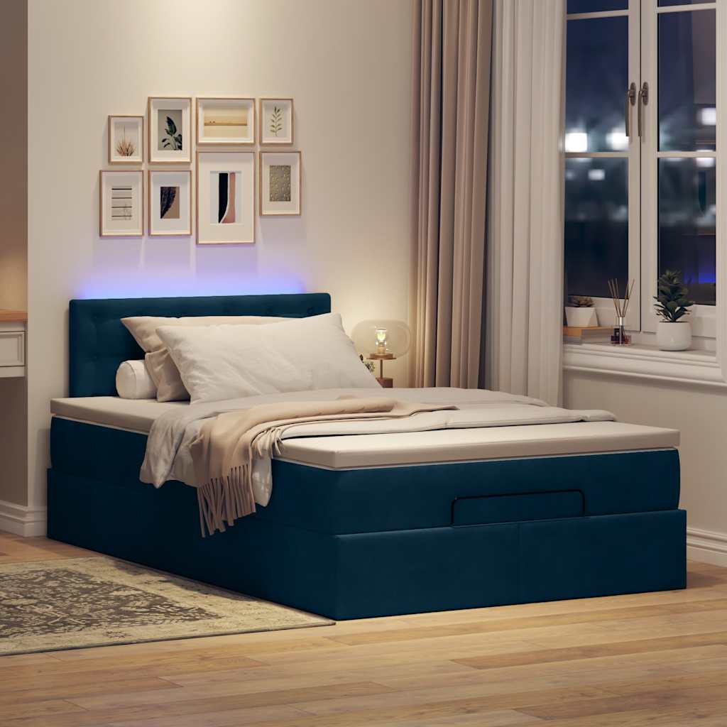 sötétkék bársony ottomán ágy matraccal & LED-ek 120x190cm